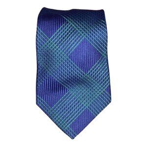 Turnbull & Asser Woven Silk Jacquard Tie Royal Warrant England Blue Green Plaid